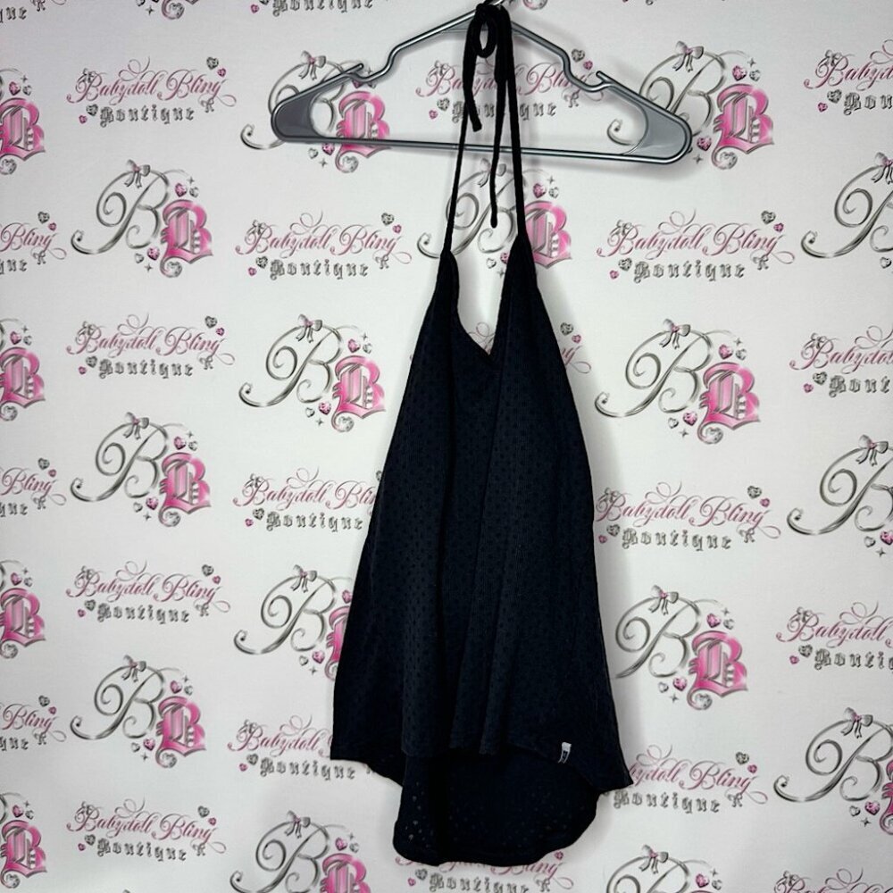 Roxy halter tank top built in bra polka dot black with logo cute open back y2k